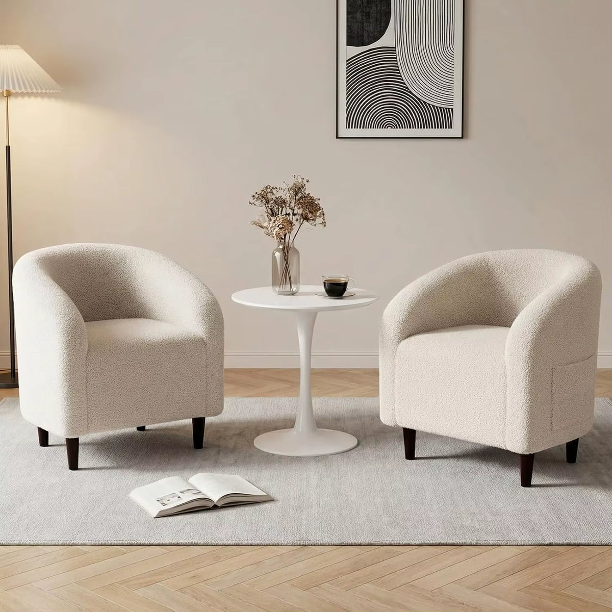 #Accent Barrel Chair Upholstered Furry Teddy Fabric Armchair with Side Pocket Living Room Bedroom