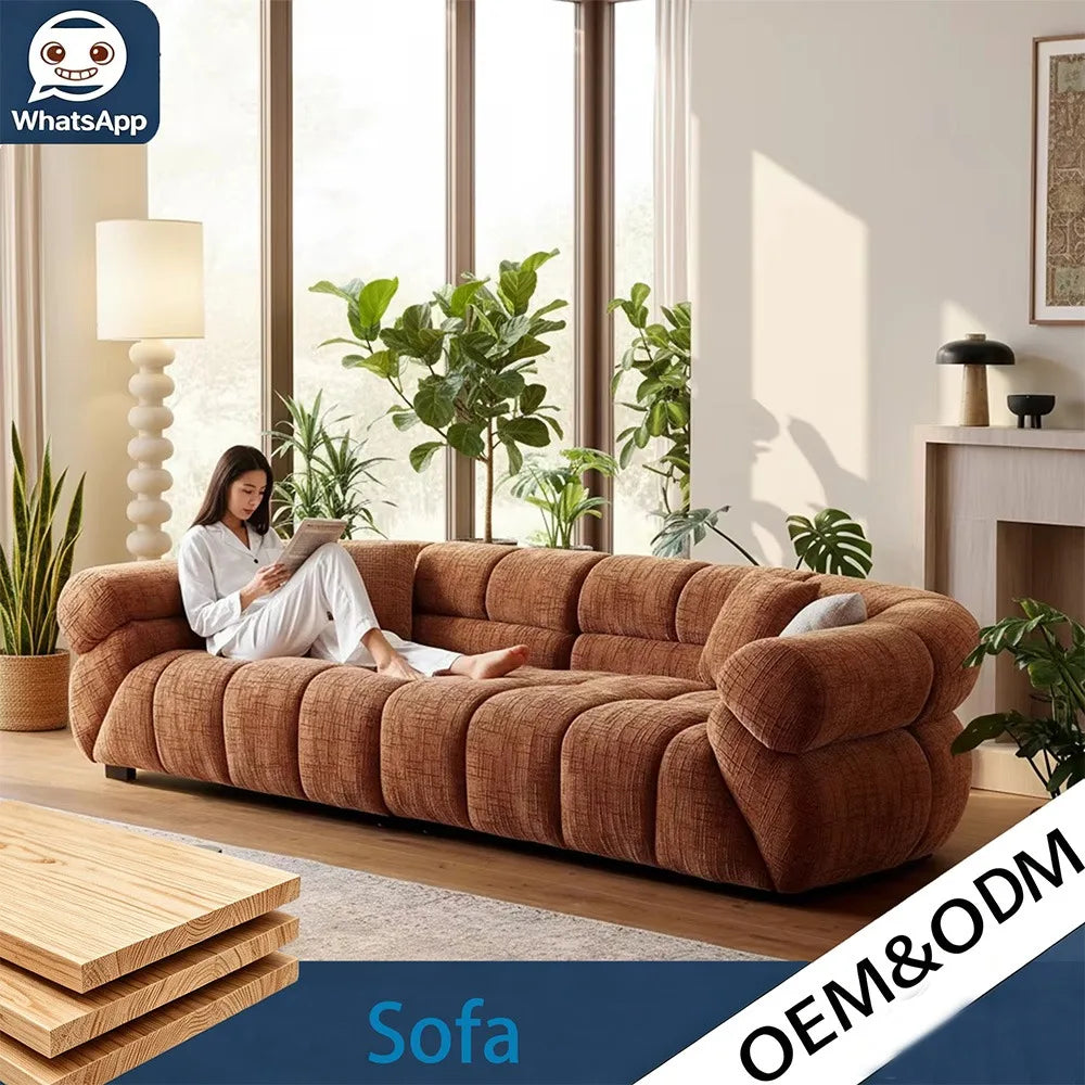 Italian Modern Minimalist Caramel Chenille Velvet Armchair Sofa Set, Sponge Filled Accent Furniture for Large Flat Living Room