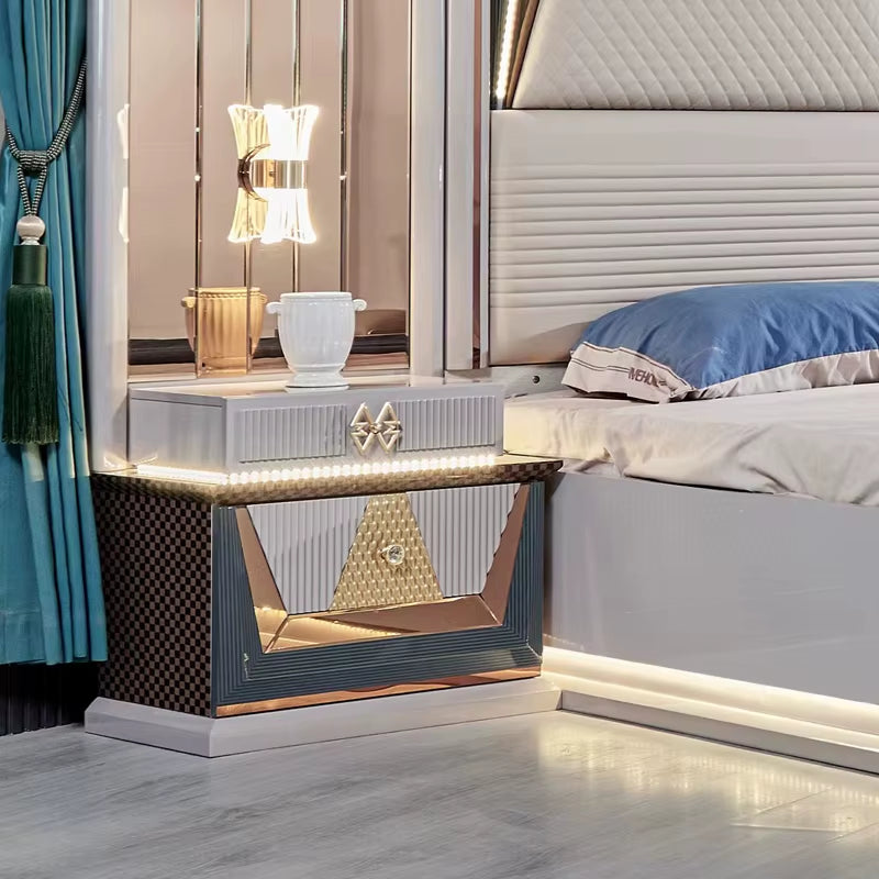 A Wholesale New Design King Size Double Bed Set LED Light Leather Headboard Wooden Modern Luxury Full Bedroom Sets Furniture