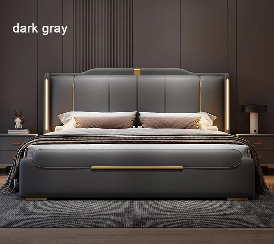 SAT. Luxury Modern King Soft Bed Framed Leather Solid Wood Double Bed with Storage for Home or Hotel Bedroom Furniture