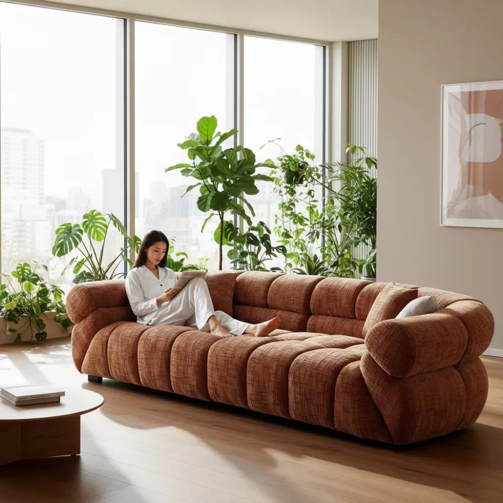 Italian Modern Minimalist Caramel Chenille Velvet Armchair Sofa Set, Sponge Filled Accent Furniture for Large Flat Living Room