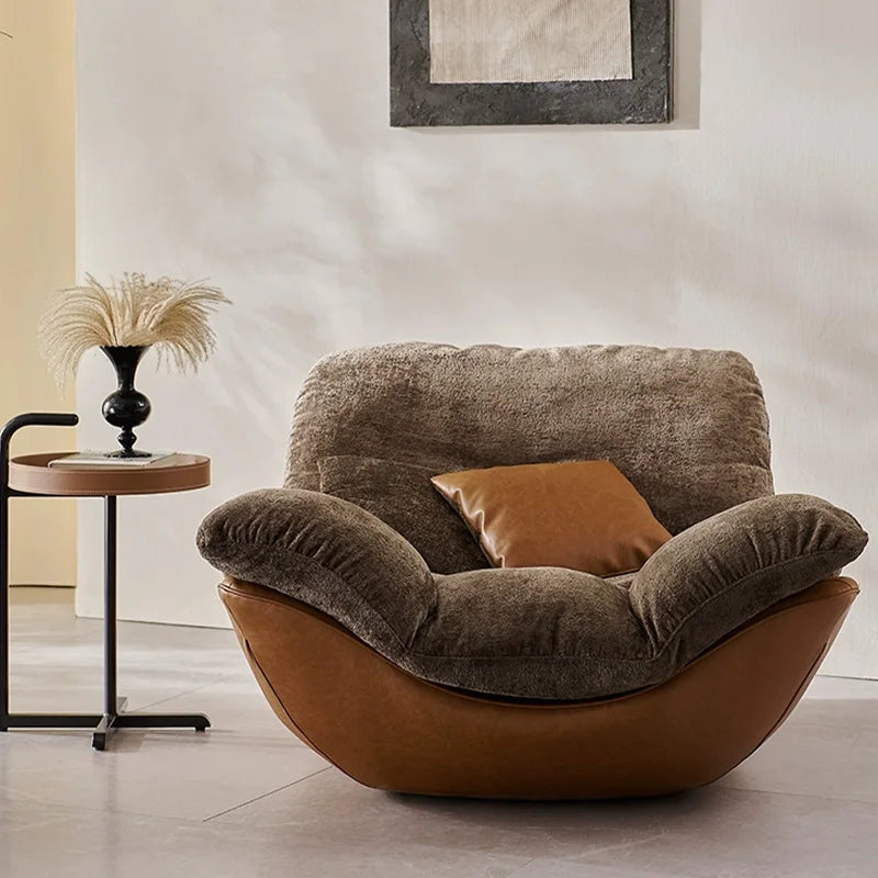 #Nordic Italian Minimalism Genuine Leather Living Room Lounge Chair Sofa Recliner High-End Bedroom Home Furniture Wood Legs