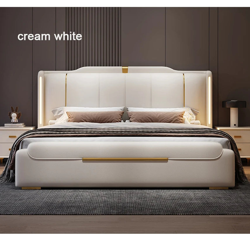 SAT. Luxury Modern King Soft Bed Framed Leather Solid Wood Double Bed with Storage for Home or Hotel Bedroom Furniture