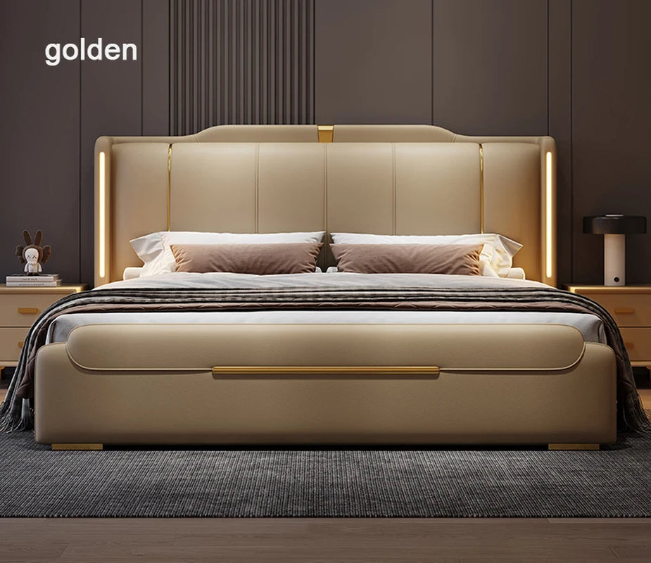 SAT. Luxury Modern King Soft Bed Framed Leather Solid Wood Double Bed with Storage for Home or Hotel Bedroom Furniture