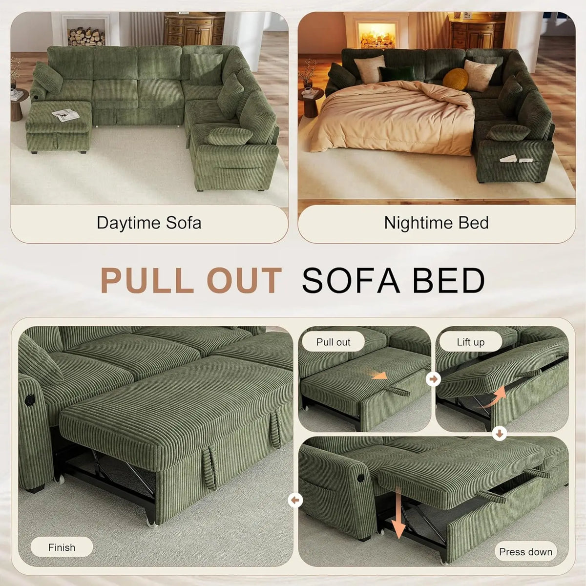 #Sectional Couch with Pull Out Sofa Bed,Corduroy Sleeper Sofa with Storage Ottoman & USB Charging,Comfy L Shaped Modular, Custom