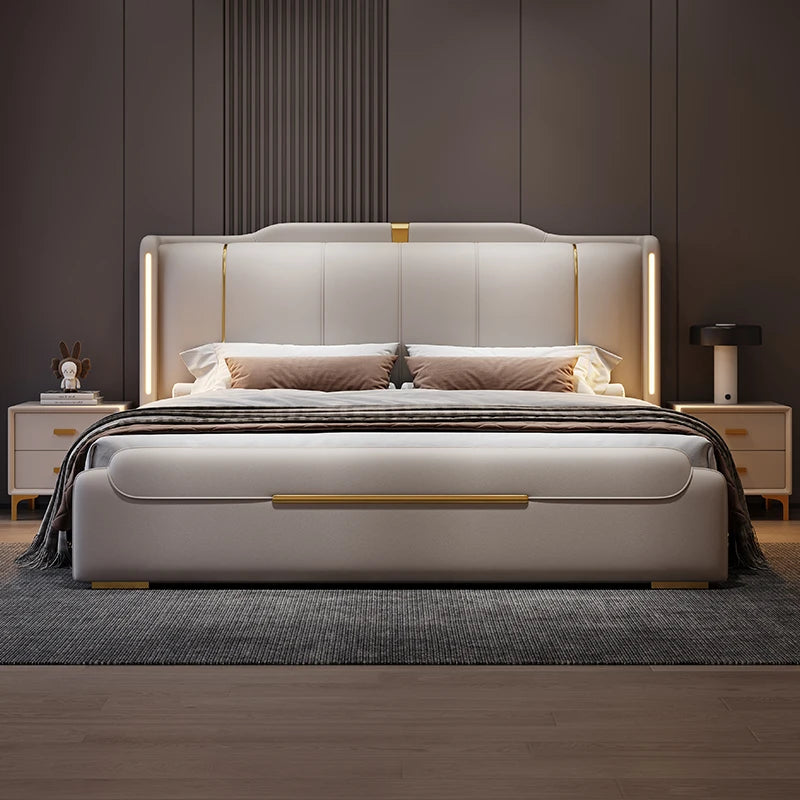 SAT. Luxury Modern King Soft Bed Framed Leather Solid Wood Double Bed with Storage for Home or Hotel Bedroom Furniture