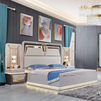 A Wholesale New Design King Size Double Bed Set LED Light Leather Headboard Wooden Modern Luxury Full Bedroom Sets Furniture