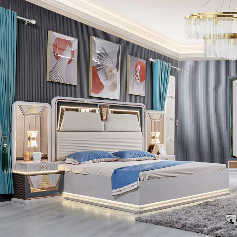 A Wholesale New Design King Size Double Bed Set LED Light Leather Headboard Wooden Modern Luxury Full Bedroom Sets Furniture
