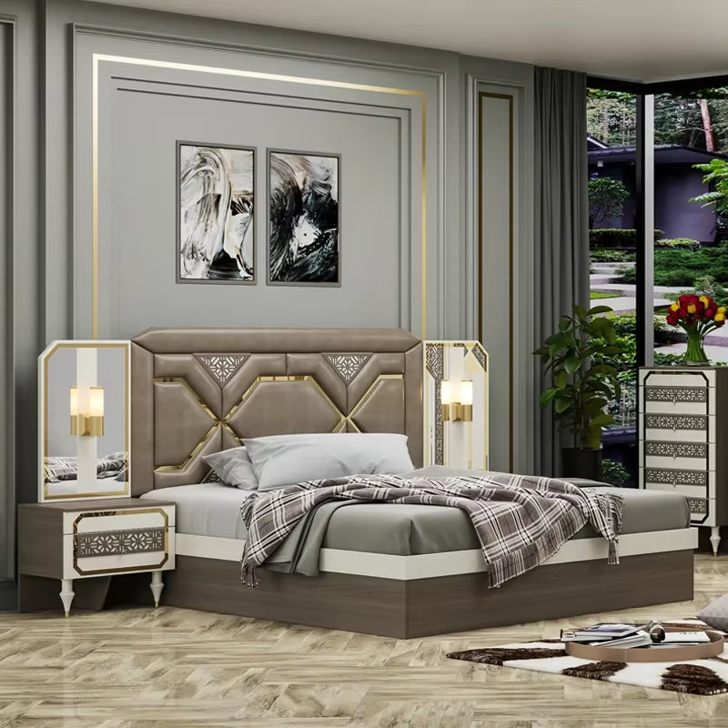#Cheap Modern Wood Frame Double King Leather Bed Leather Headboard Luxury Wooden Home Furniture Queen Bed Bedroom Set