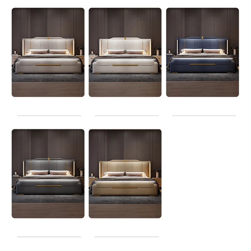 SAT. Luxury Modern King Soft Bed Framed Leather Solid Wood Double Bed with Storage for Home or Hotel Bedroom Furniture