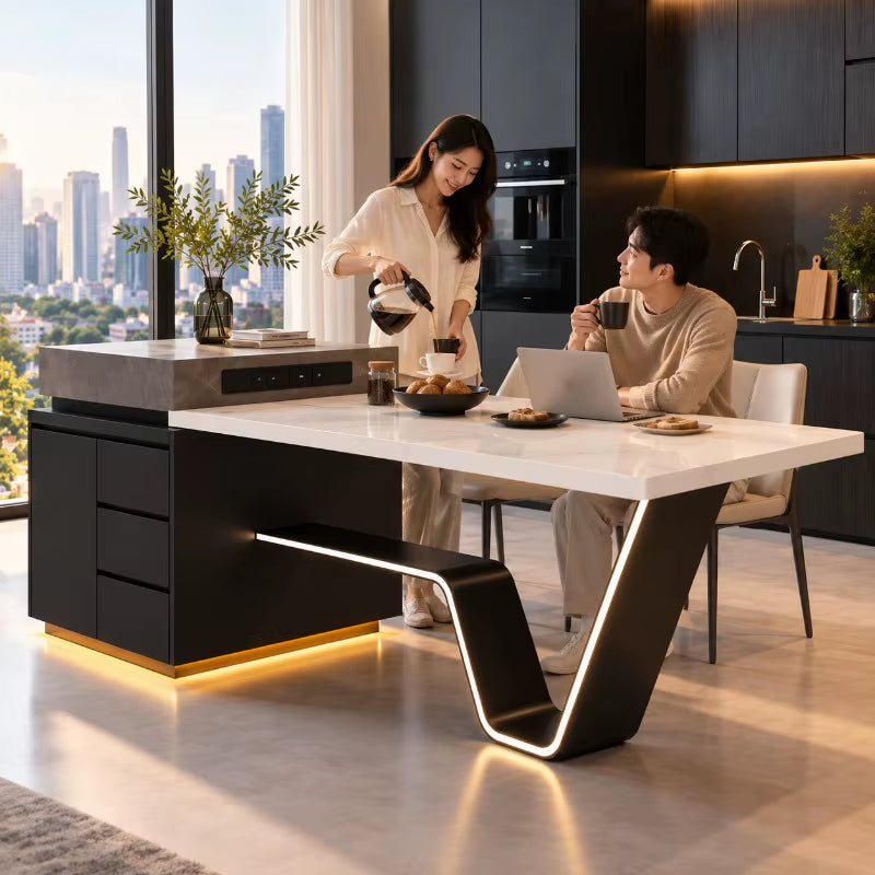 Modern Italian Kitchen Island Dining Table, Sintered Stone Slab, Steel Structure, 3 Drawers, Customizable Glass Drawer Basket