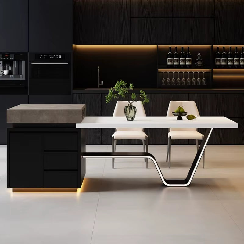 Modern Italian Kitchen Island Dining Table, Sintered Stone Slab, Steel Structure, 3 Drawers, Customizable Glass Drawer Basket