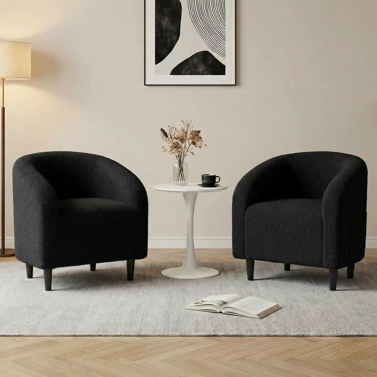 #Accent Barrel Chair Upholstered Furry Teddy Fabric Armchair with Side Pocket Living Room Bedroom