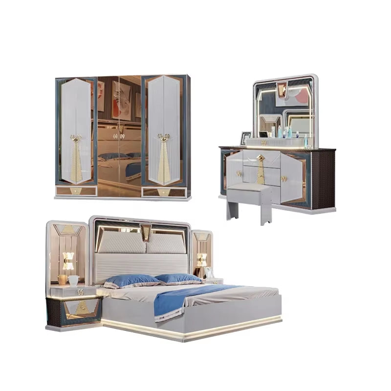 A Wholesale New Design King Size Double Bed Set LED Light Leather Headboard Wooden Modern Luxury Full Bedroom Sets Furniture