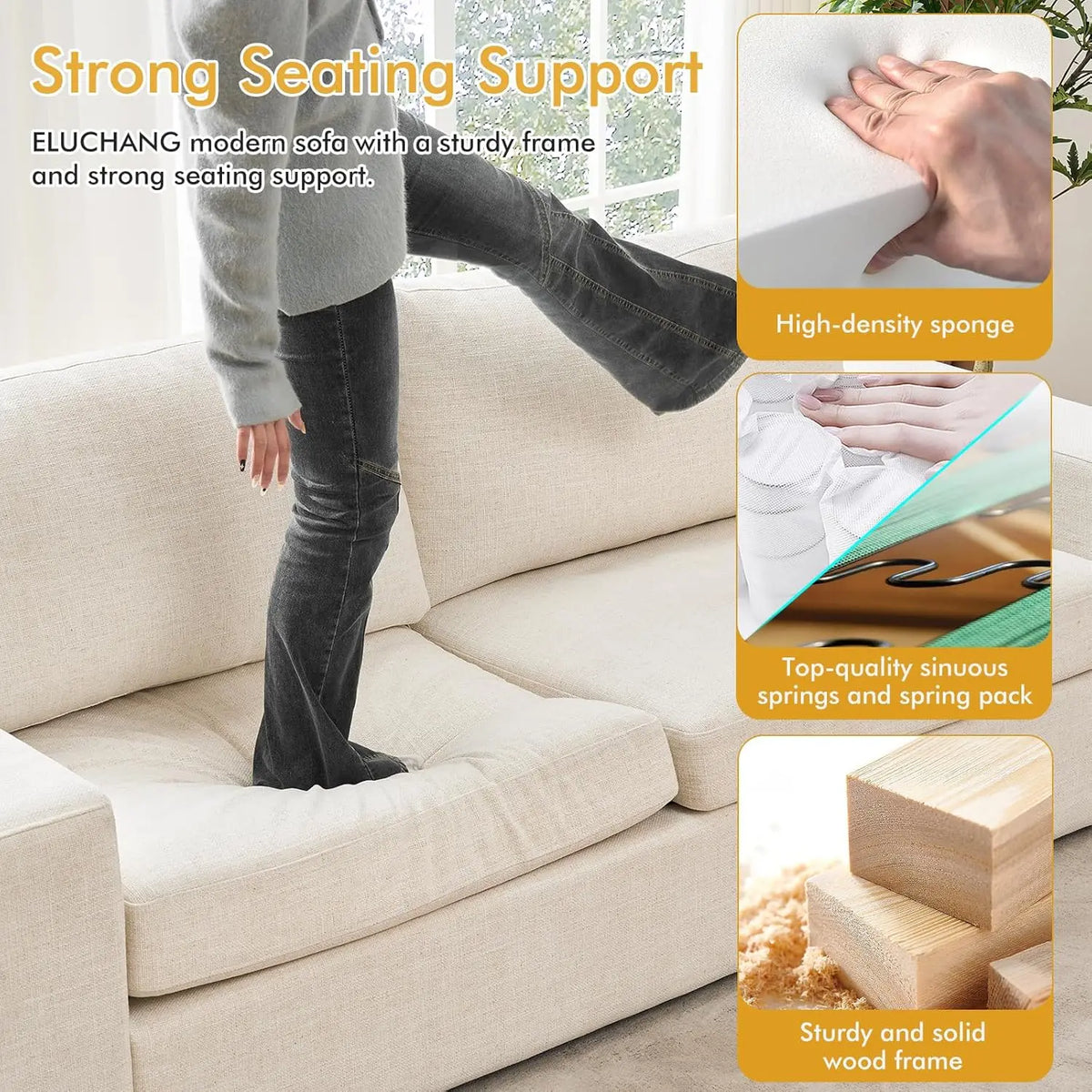 Elevate Your Living Space with the 85" Modern 3-Seater Sofa - Luxurious Natural Linen Deep Seat with Removable Cushions
