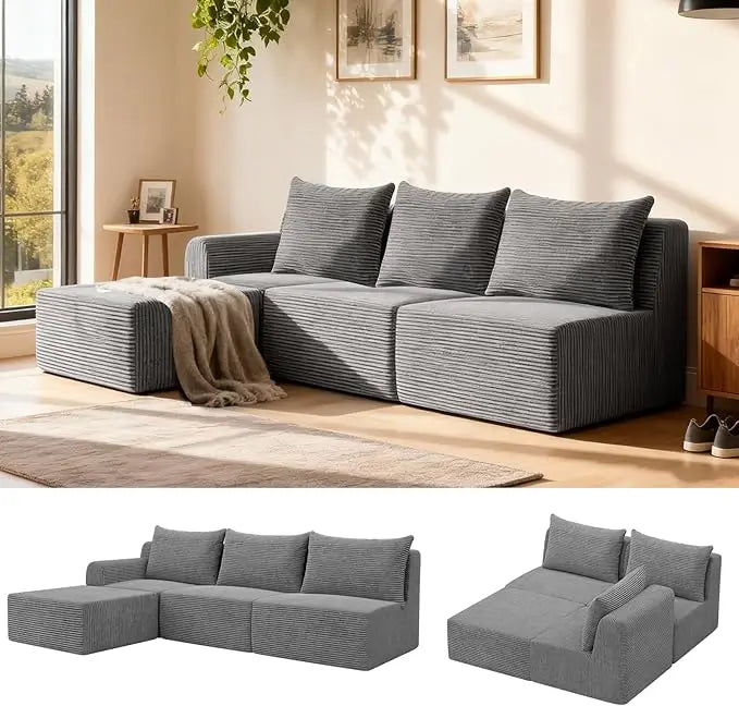 Elevate Your Space with Our Luxurious L-Shaped Sectional Sofa - Stylish 3-Seat Corduroy Couch with Chaise, Effortless Assembly for Living Room or Bedroom