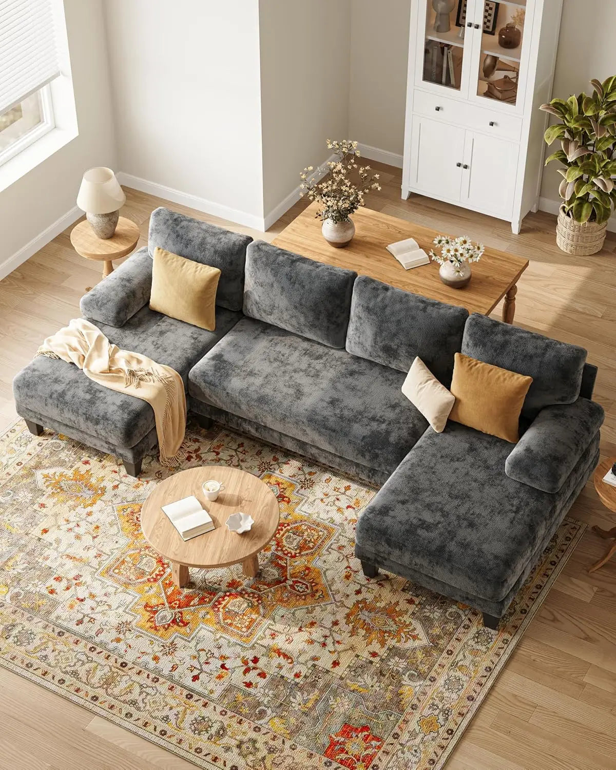Stylish 112" U-Shaped Chenille Sectional Sofa with Double Chaise - Perfect for Modern Living Rooms in Dark Grey