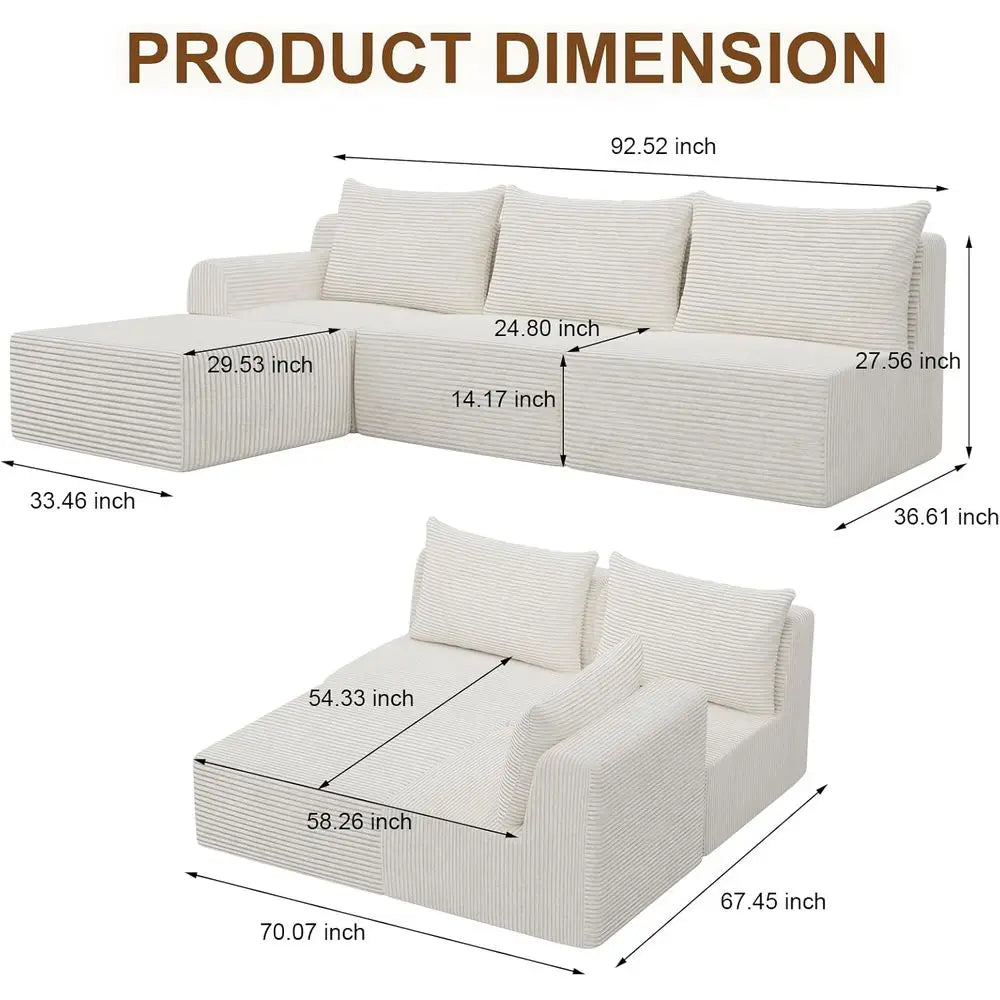 Elevate Your Space with Our Luxurious L-Shaped Sectional Sofa - Stylish 3-Seat Corduroy Couch with Chaise, Effortless Assembly for Living Room or Bedroom