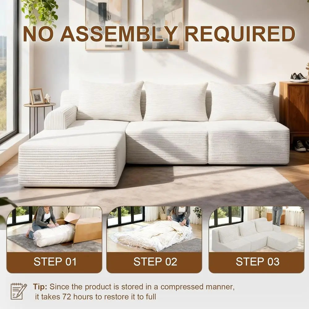 Elevate Your Space with Our Luxurious L-Shaped Sectional Sofa - Stylish 3-Seat Corduroy Couch with Chaise, Effortless Assembly for Living Room or Bedroom