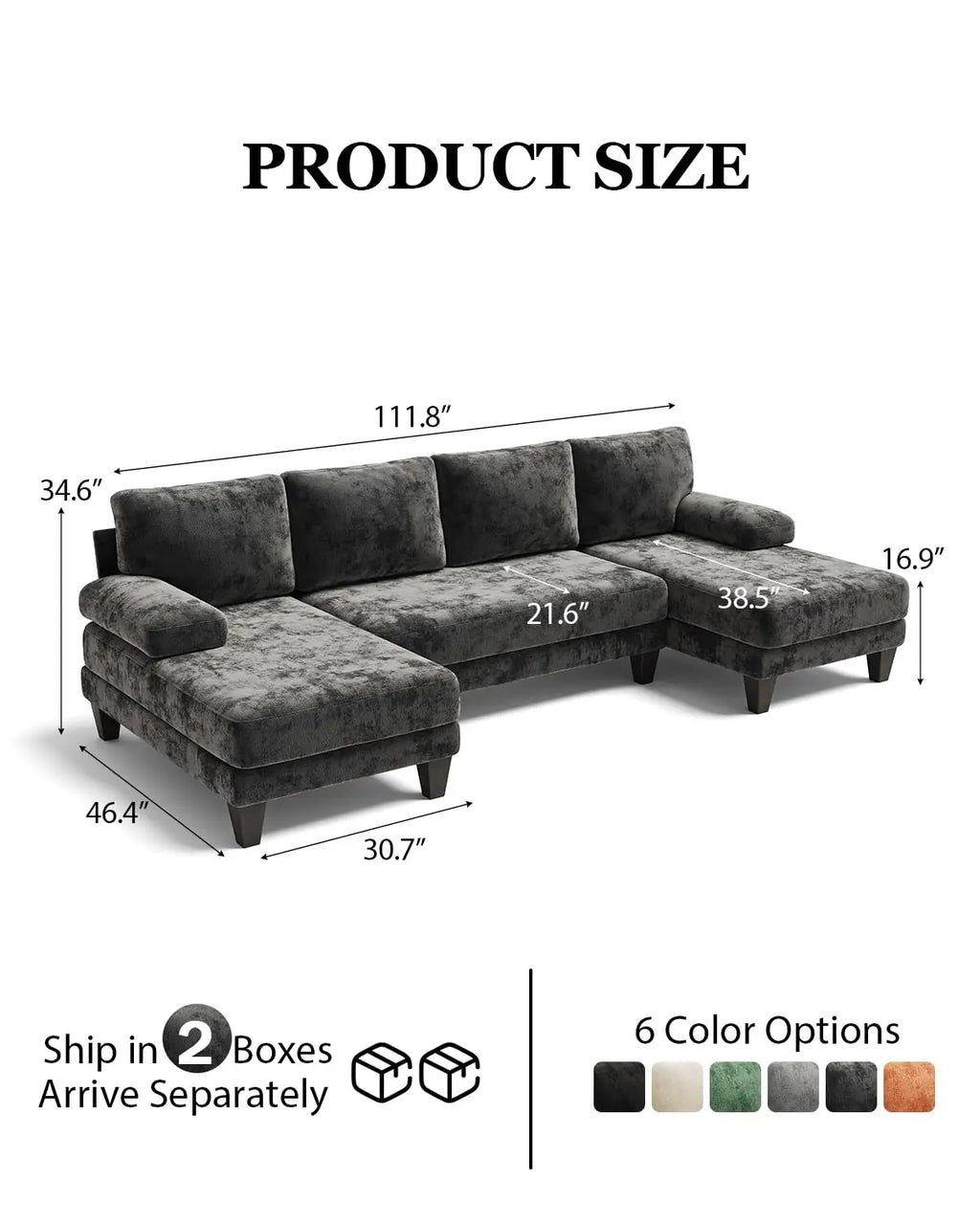 Stylish 112" U-Shaped Chenille Sectional Sofa with Double Chaise - Perfect for Modern Living Rooms in Dark Grey