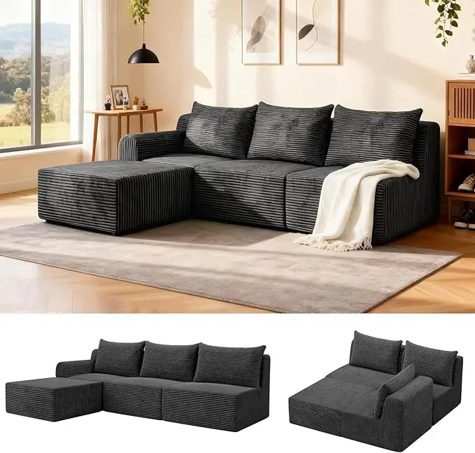 Elevate Your Space with Our Luxurious L-Shaped Sectional Sofa - Stylish 3-Seat Corduroy Couch with Chaise, Effortless Assembly for Living Room or Bedroom
