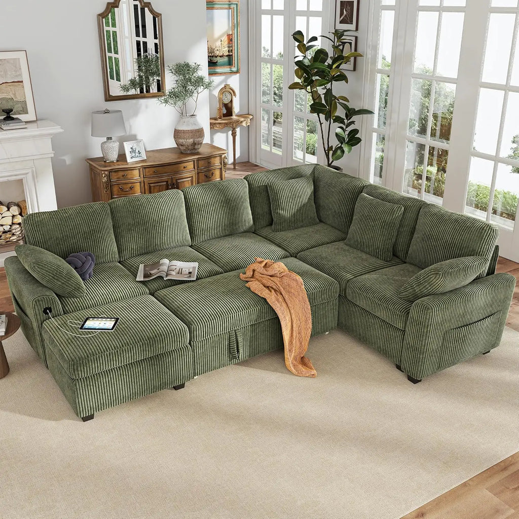 #Sectional Couch with Pull Out Sofa Bed,Corduroy Sleeper Sofa with Storage Ottoman & USB Charging,Comfy L Shaped Modular, Custom