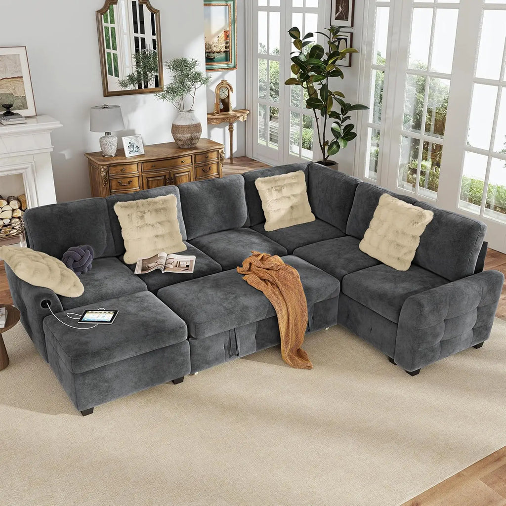 #Sectional Couch with Pull Out Sofa Bed,Corduroy Sleeper Sofa with Storage Ottoman & USB Charging,Comfy L Shaped Modular, Custom
