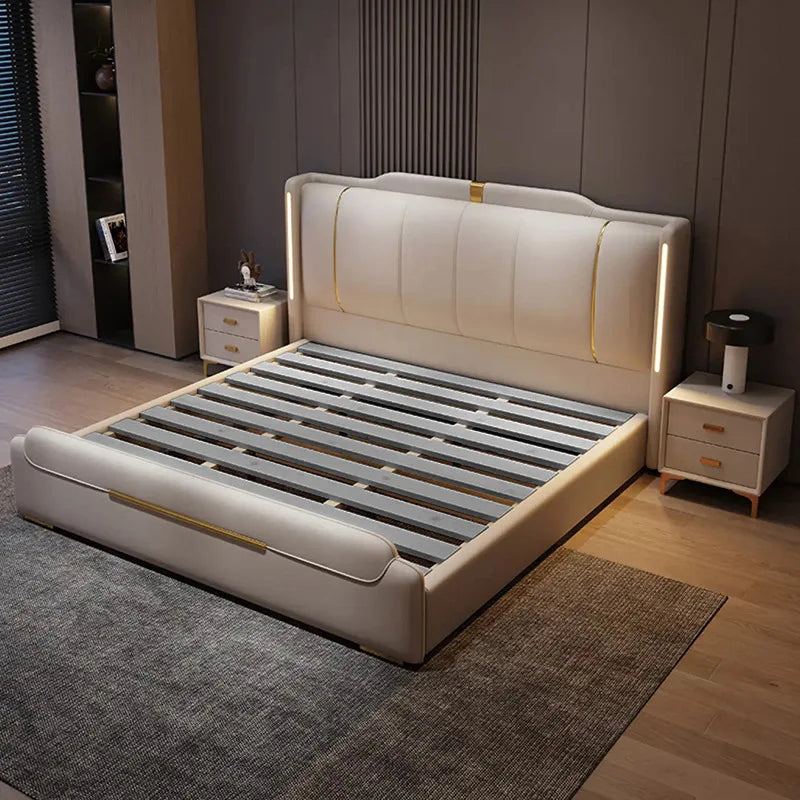 SAT. Luxury Modern King Soft Bed Framed Leather Solid Wood Double Bed with Storage for Home or Hotel Bedroom Furniture