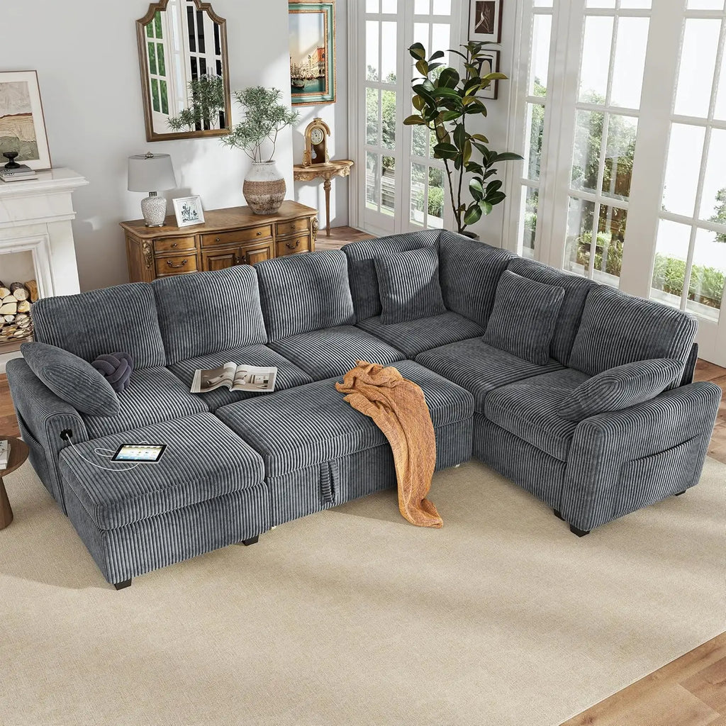 #Sectional Couch with Pull Out Sofa Bed,Corduroy Sleeper Sofa with Storage Ottoman & USB Charging,Comfy L Shaped Modular, Custom