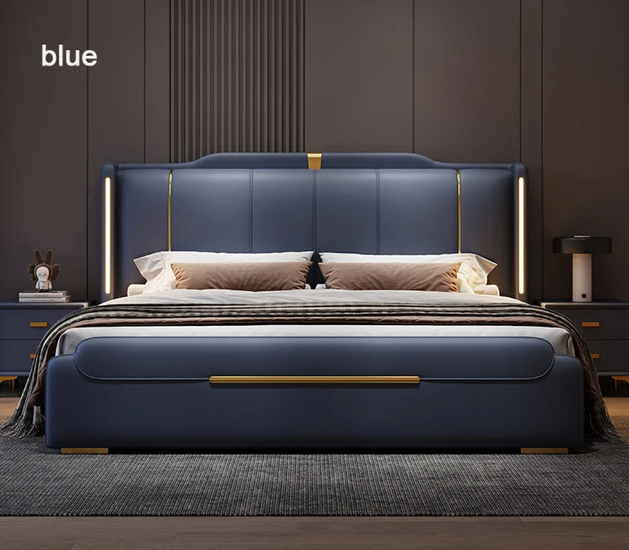 SAT. Luxury Modern King Soft Bed Framed Leather Solid Wood Double Bed with Storage for Home or Hotel Bedroom Furniture