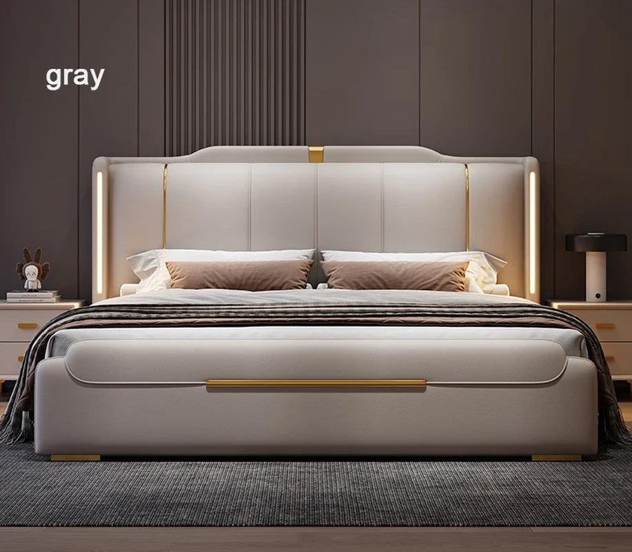 SAT. Luxury Modern King Soft Bed Framed Leather Solid Wood Double Bed with Storage for Home or Hotel Bedroom Furniture
