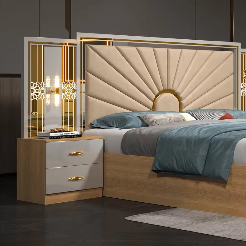 A Luxury Royal King Size Bedroom Sets Elegant Super Size Turkish Style Gold Mirrored LED Lighted Dubai Bedroom Furniture Set