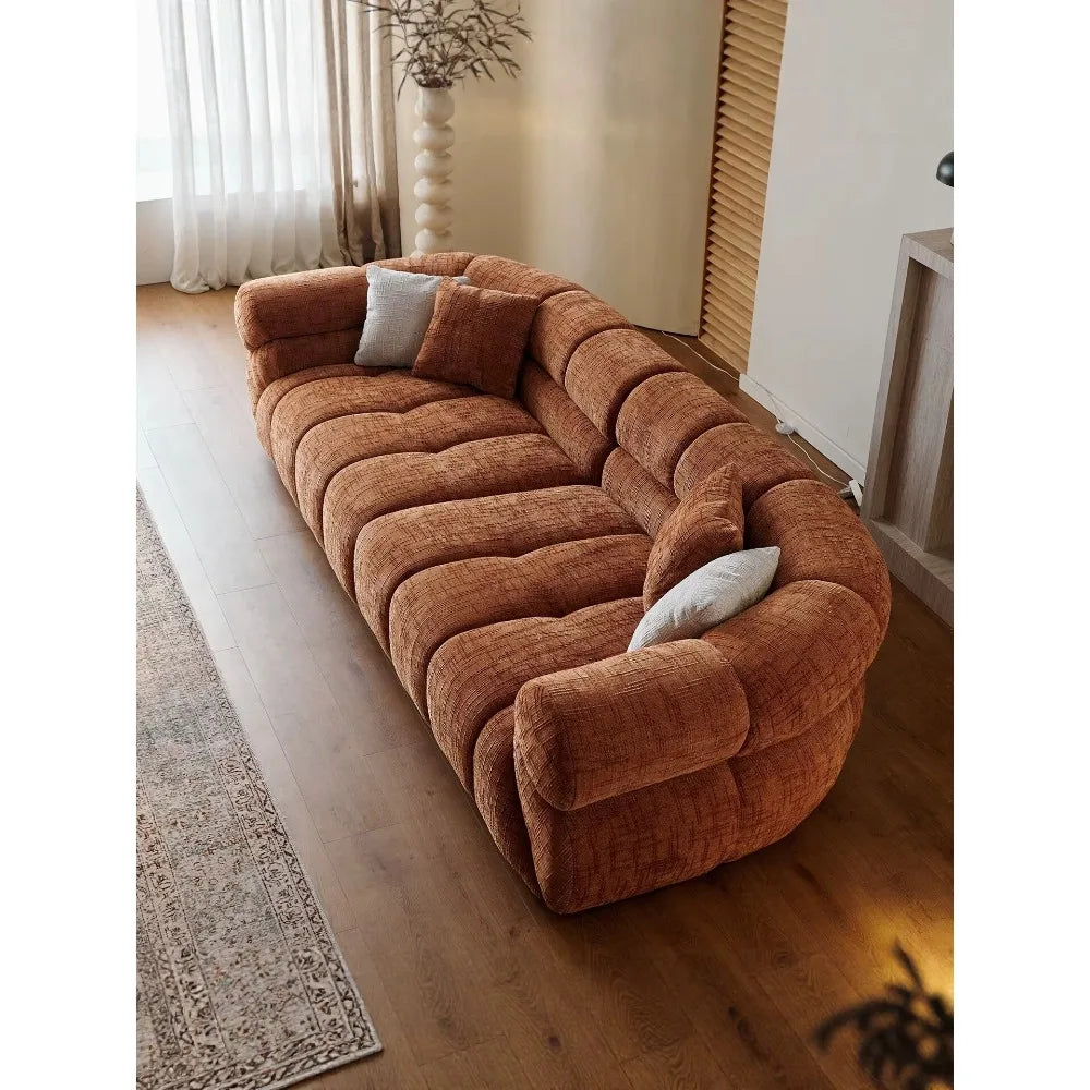 Italian Modern Minimalist Caramel Chenille Velvet Armchair Sofa Set, Sponge Filled Accent Furniture for Large Flat Living Room