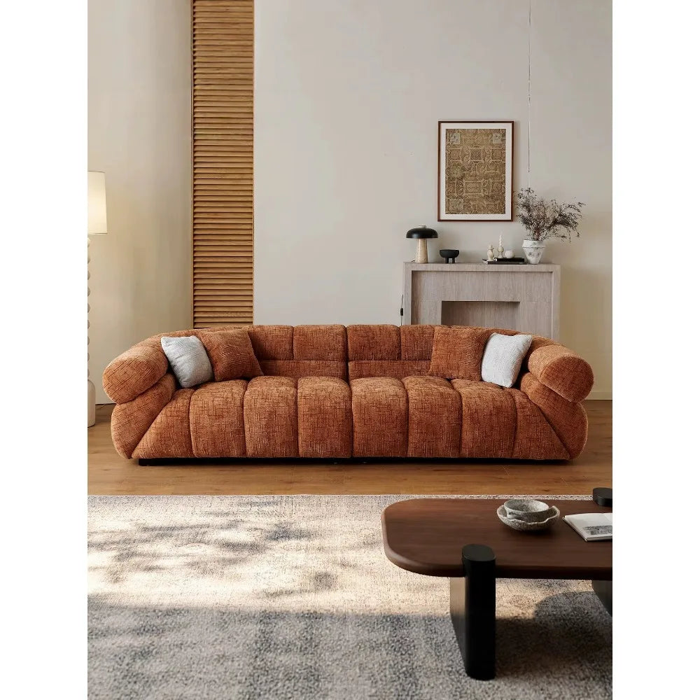 Italian Modern Minimalist Caramel Chenille Velvet Armchair Sofa Set, Sponge Filled Accent Furniture for Large Flat Living Room