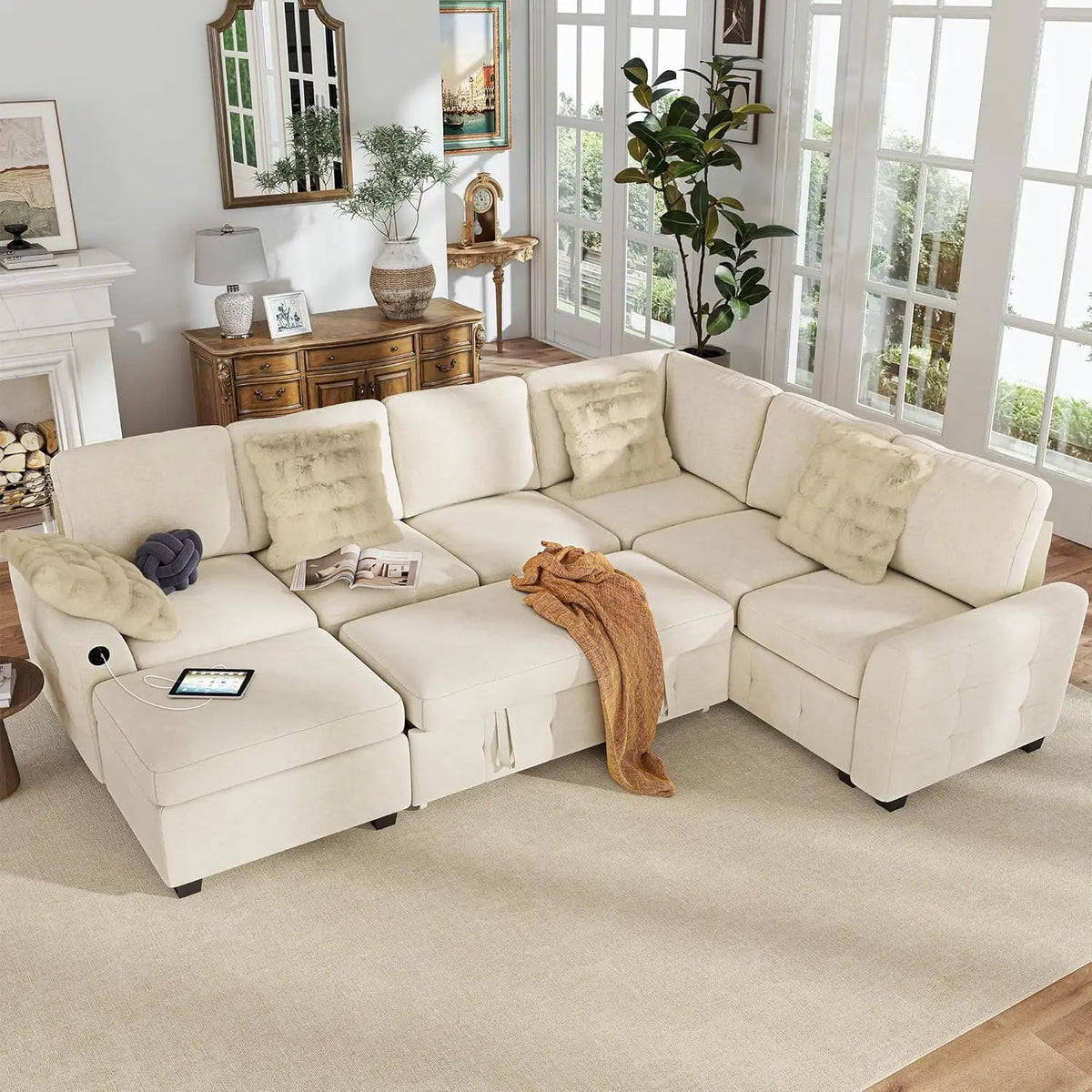 #Sectional Couch with Pull Out Sofa Bed,Corduroy Sleeper Sofa with Storage Ottoman & USB Charging,Comfy L Shaped Modular, Custom