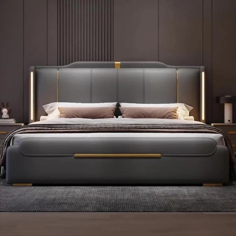 SAT. Luxury Modern King Soft Bed Framed Leather Solid Wood Double Bed with Storage for Home or Hotel Bedroom Furniture