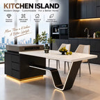 Modern Italian Kitchen Island Dining Table, Sintered Stone Slab, Steel Structure, 3 Drawers, Customizable Glass Drawer Basket