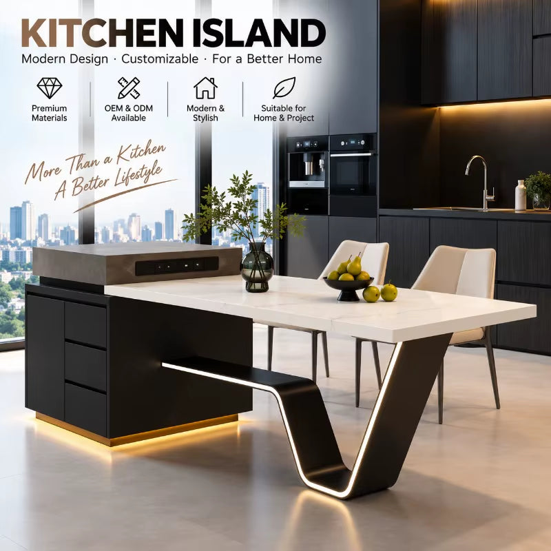 Modern Italian Kitchen Island Dining Table, Sintered Stone Slab, Steel Structure, 3 Drawers, Customizable Glass Drawer Basket
